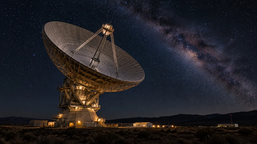Radiotelescopio bajo un cielo nocturno estrellado.