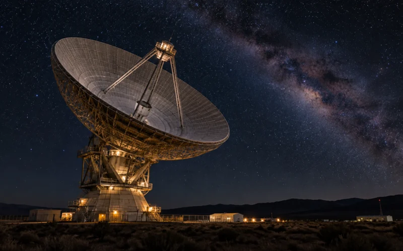 Radiotelescopio bajo un cielo nocturno estrellado.