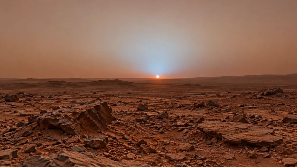 Paisaje rocoso marciano con un halo azul localizado alrededor del Sol al atardecer.