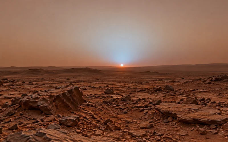 Paisaje rocoso marciano con un halo azul localizado alrededor del Sol al atardecer.