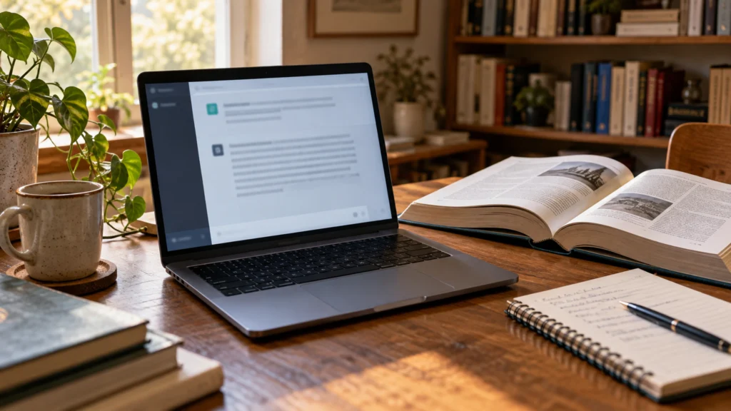Ordenador portátil junto a un libro abierto en una mesa de trabajo.