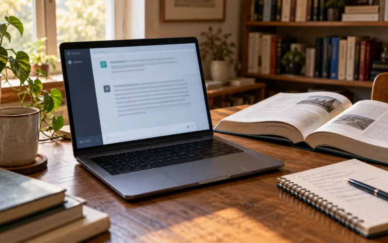 Ordenador portátil junto a un libro abierto en una mesa de trabajo.