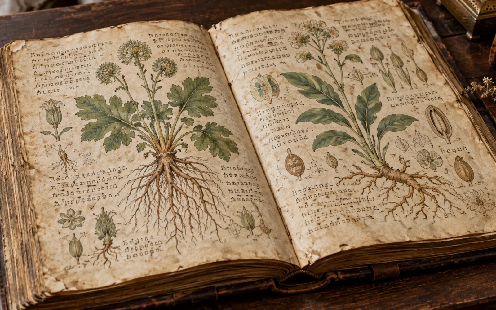 Códice abierto sobre pergamino, con plantas dibujadas y signos decorativos.
