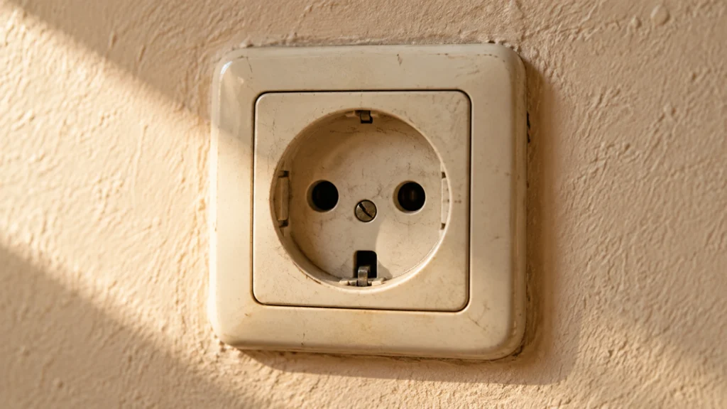 Enchufe cuyas aberturas recuerdan a dos ojos y una boca sorprendida.