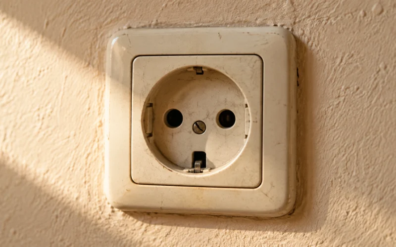 Enchufe cuyas aberturas recuerdan a dos ojos y una boca sorprendida.